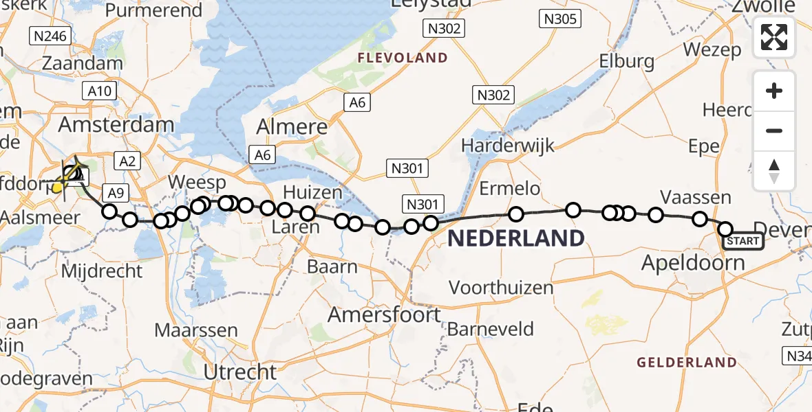 Routekaart van de vlucht: Politieheli naar Schiphol