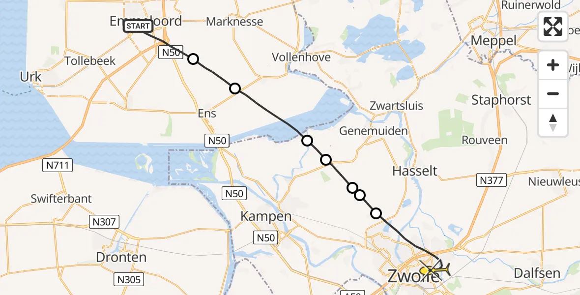 Routekaart van de vlucht: Lifeliner 1 naar Zwolle