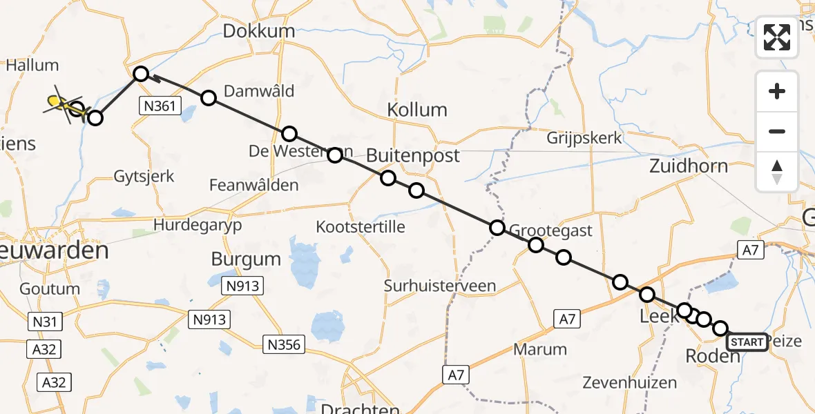 Routekaart van de vlucht: Ambulanceheli naar Hallum