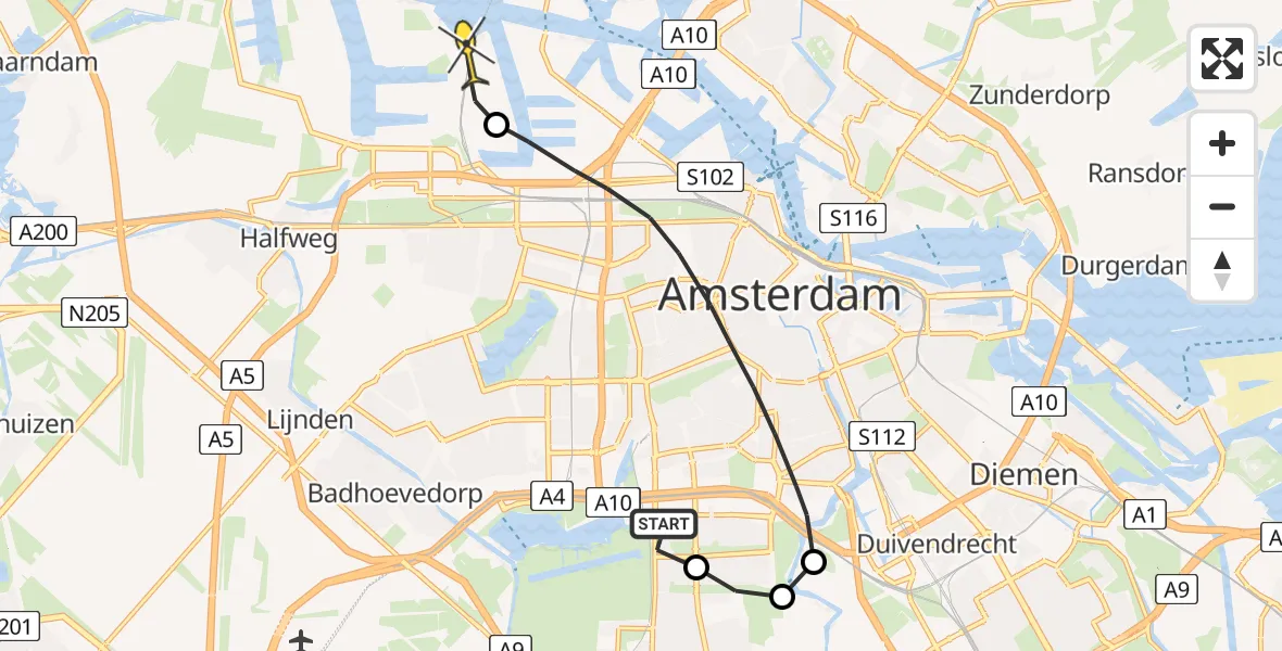 Routekaart van de vlucht: Lifeliner 1 naar Amsterdam Heliport