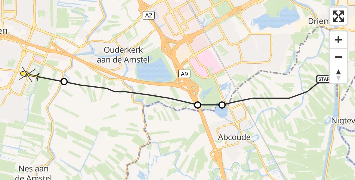 Routekaart van de vlucht: Politieheli naar Amstelveen