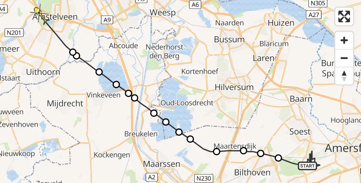 Routekaart van de vlucht: Politieheli naar Amstelveen