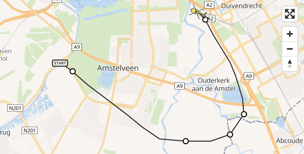 Routekaart van de vlucht: Politieheli naar Amsterdam