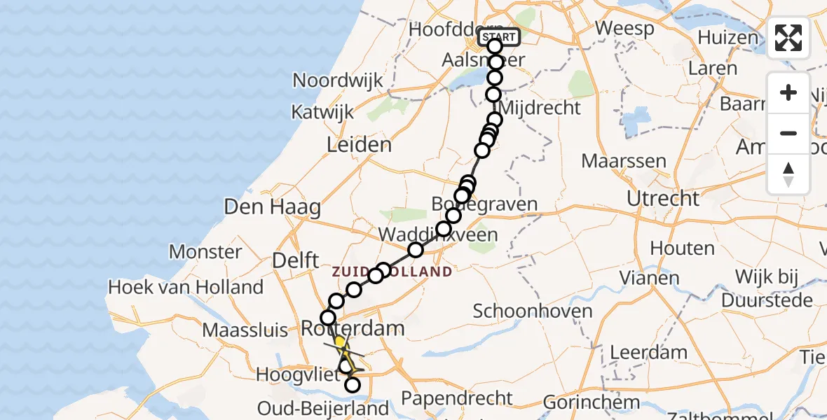 Vluchtroute Politiehelikopter van Schiphol naar Rotterdam