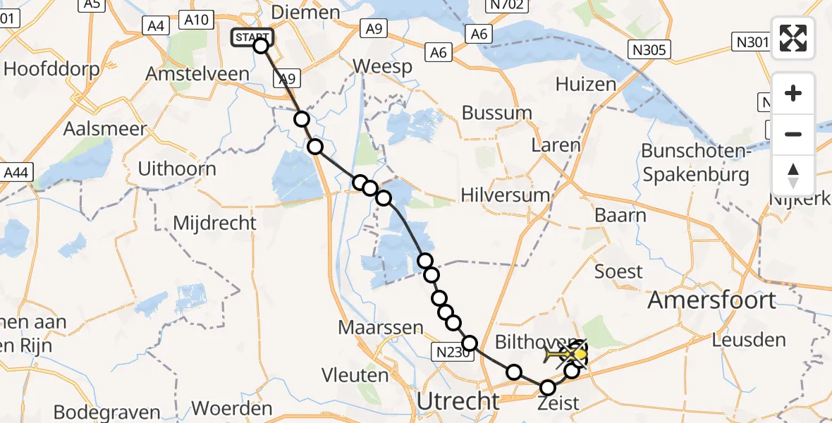 Routekaart van de vlucht: Politieheli naar Bosch en Duin