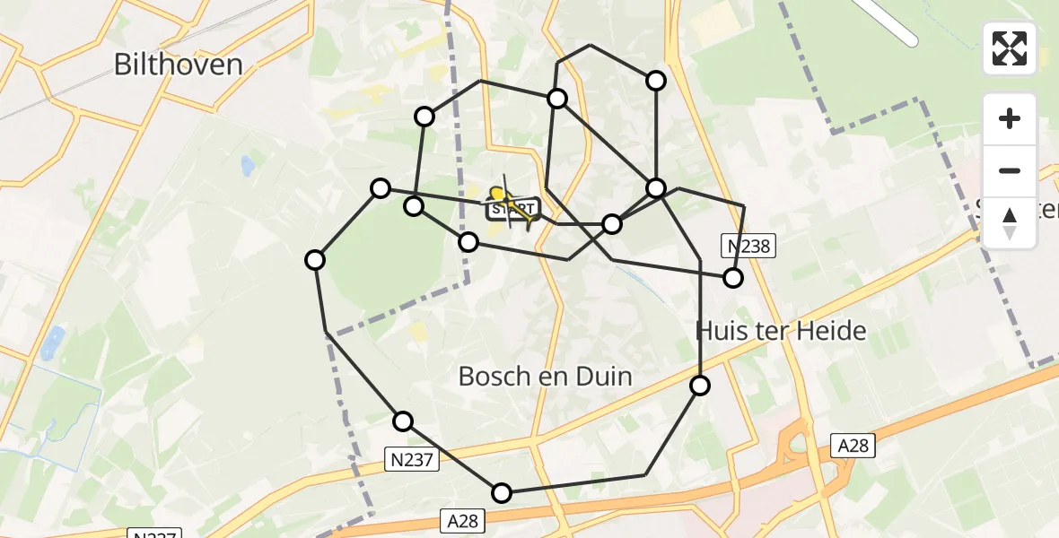 Routekaart van de vlucht: Politiehelikopter naar Bosch en Duin