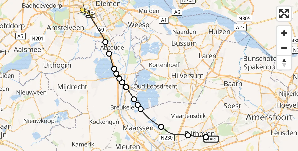 Routekaart van de vlucht: Politieheli naar Amsterdam