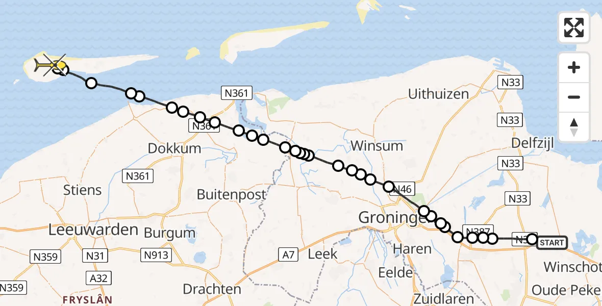 Routekaart van de vlucht: Lifeliner 4 naar Ameland Airport Ballum