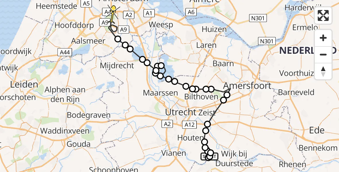 Routekaart van de vlucht: Politiehelikopter naar VU Medisch Centrum Amsterdam