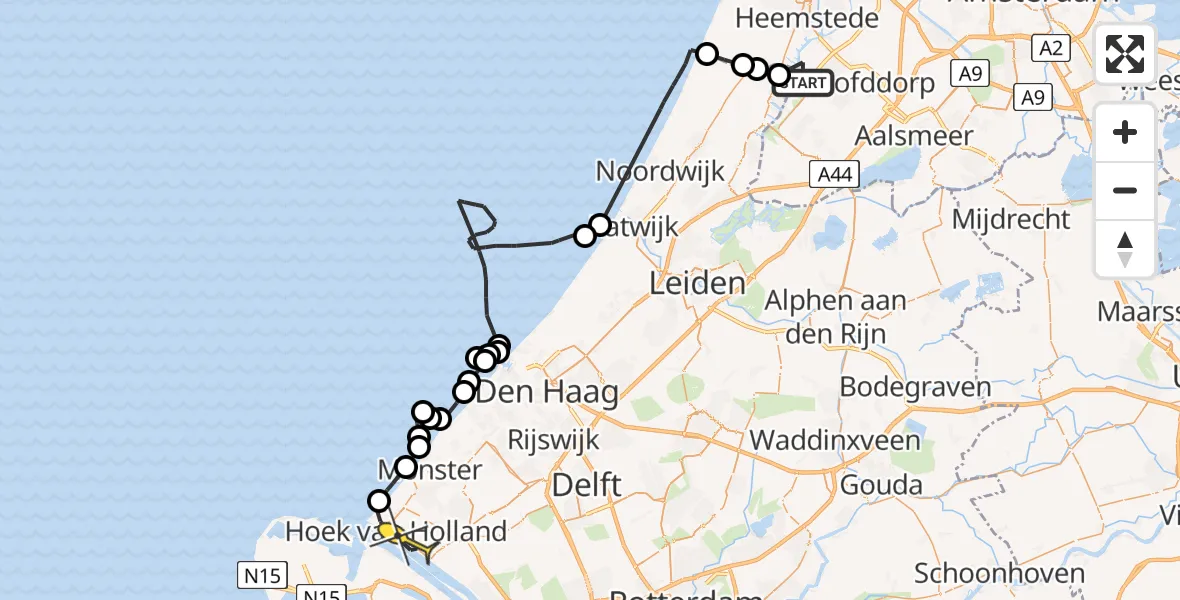 Routekaart van de vlucht: Politieheli naar Hoek van Holland