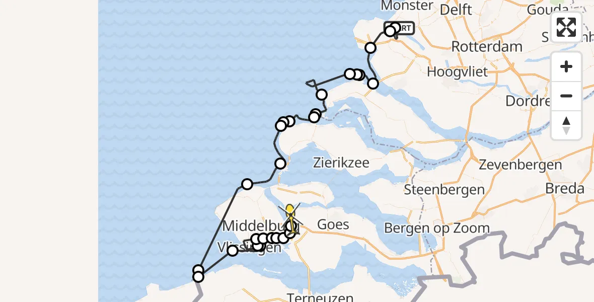 Routekaart van de vlucht: Politieheli naar Vliegveld Midden-Zeeland