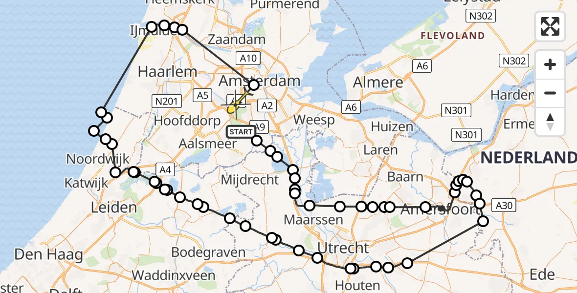 Routekaart van de vlucht: Politieheli naar Amsterdam