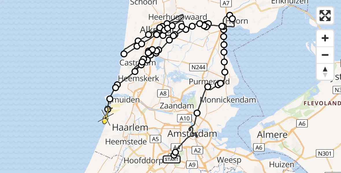 Routekaart van de vlucht: Politieheli naar Overveen