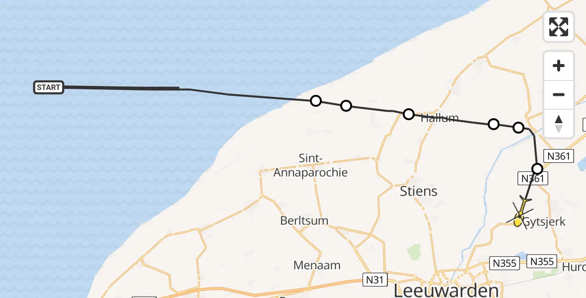 Routekaart van de vlucht: Ambulanceheli naar Gytsjerk