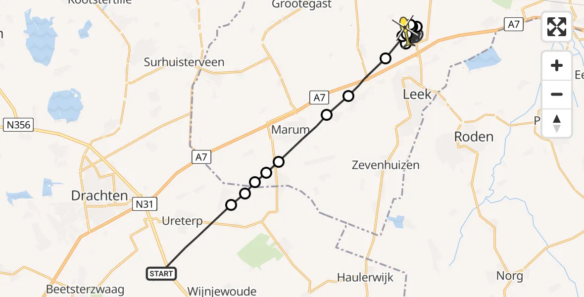 Routekaart van de vlucht: Politiehelikopter naar Tolbert