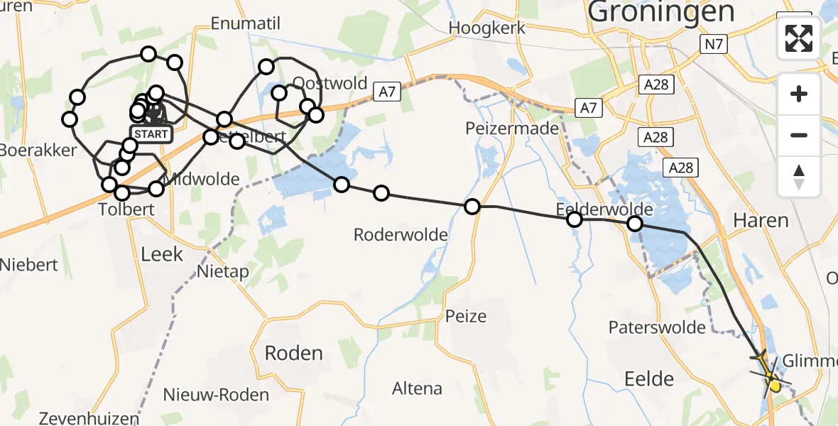Routekaart van de vlucht: Politieheli naar Eelde