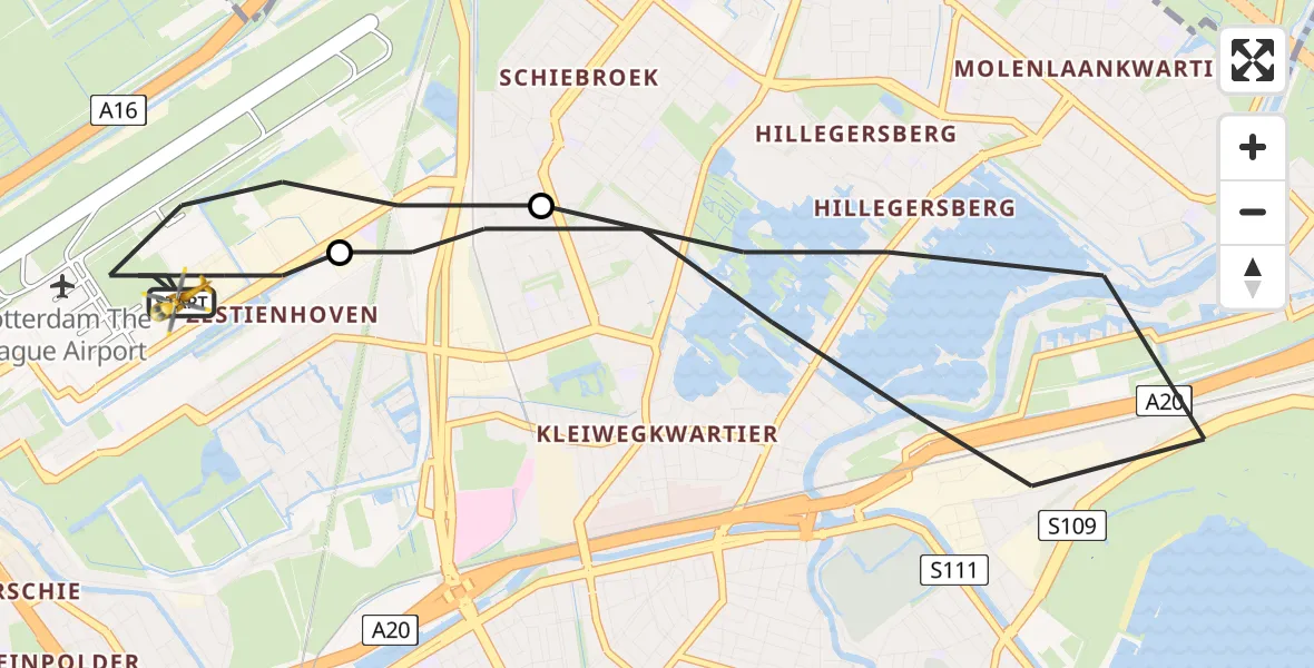 Vluchtroute Traumahelikopter Rotterdam The Hague Airport - Rotterdam The Hague Airport, 13 juli 2023, 22:52