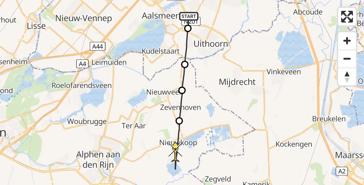 Routekaart van de vlucht: Politiehelikopter naar Nieuwkoop