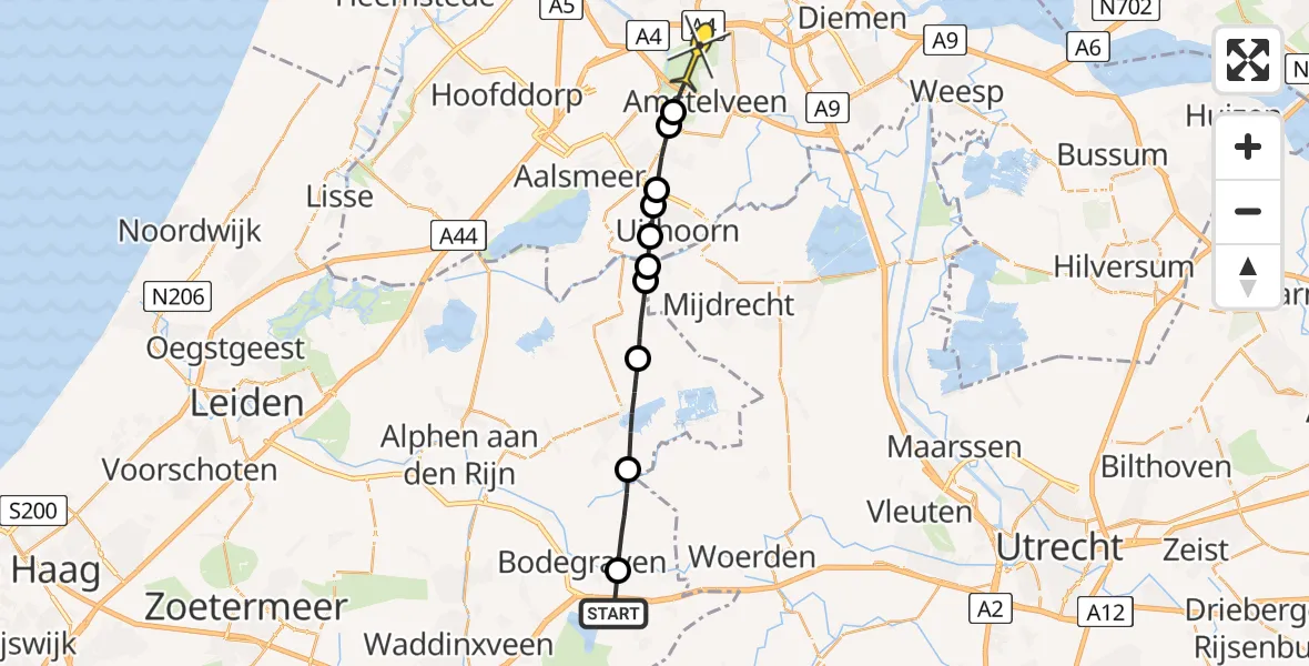 Routekaart van de vlucht: Politieheli naar Amstelveen