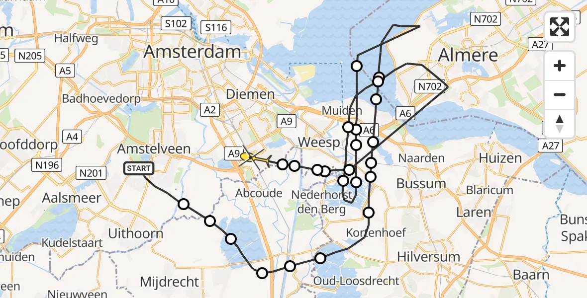 Routekaart van de vlucht: Politieheli naar Academisch Medisch Centrum (AMC)