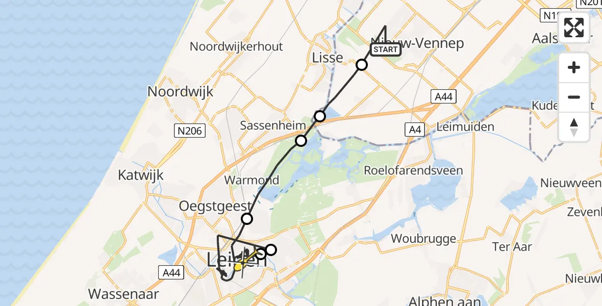 Routekaart van de vlucht: Politiehelikopter naar Leiden