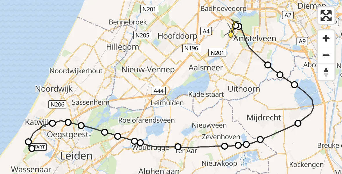 Routekaart van de vlucht: Politiehelikopter naar Schiphol