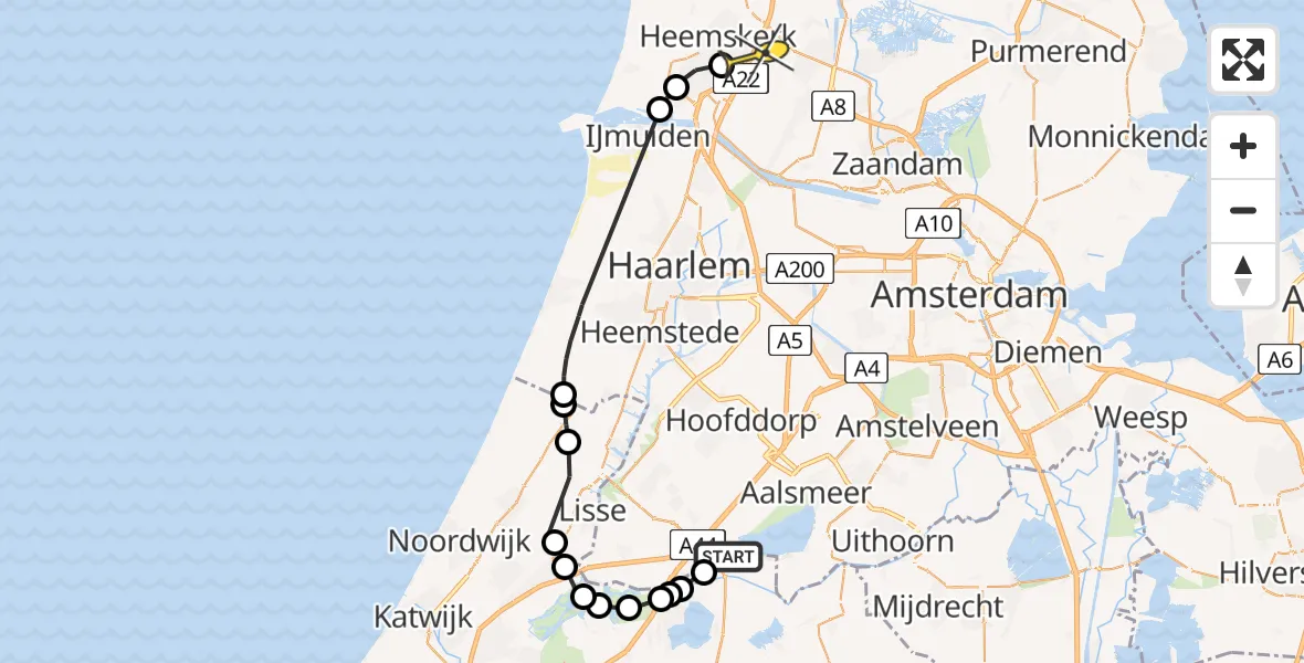 Routekaart van de vlucht: Politieheli naar Heemskerk