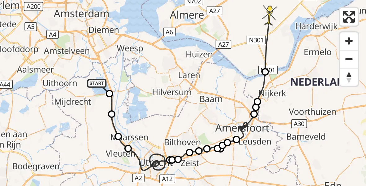 Routekaart van de vlucht: Politieheli naar Zeewolde