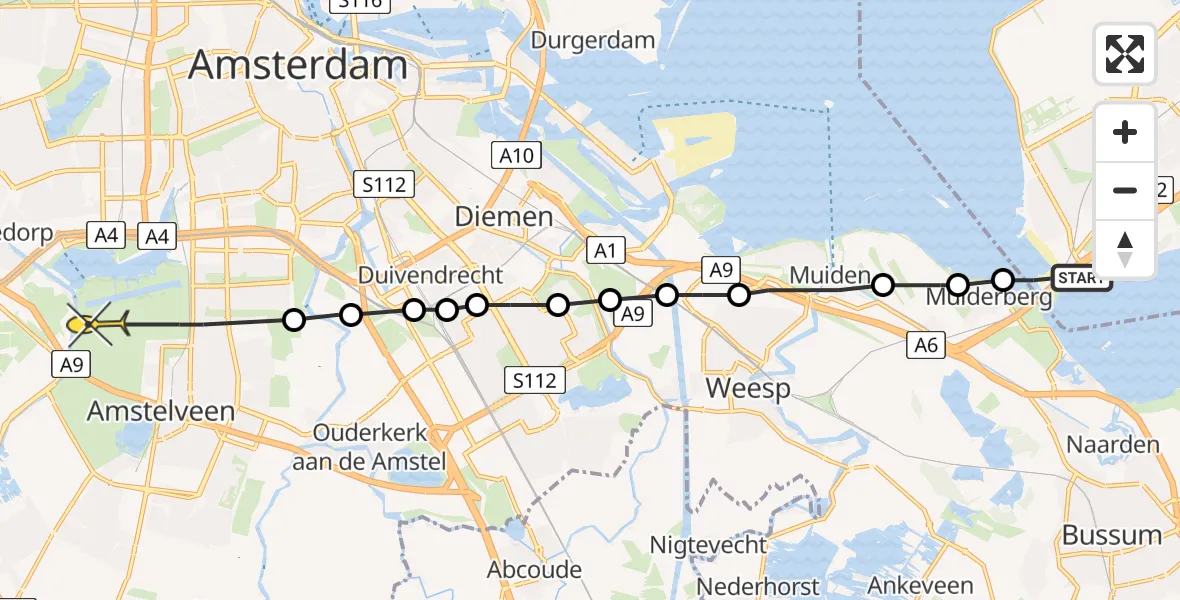 Routekaart van de vlucht: Politieheli naar Amstelveen