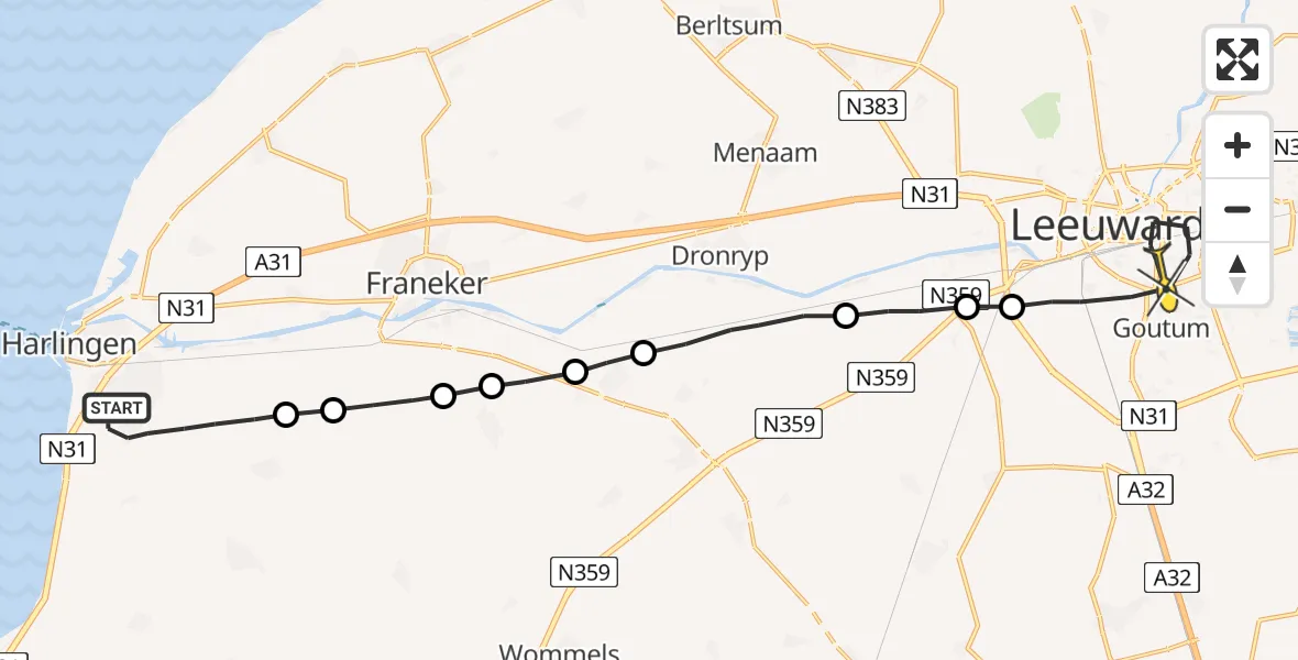 Routekaart van de vlucht: Lifeliner 4 naar Leeuwarden