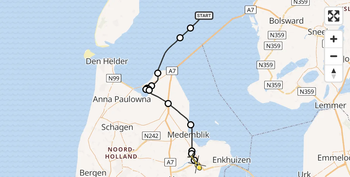 Routekaart van de vlucht: Politieheli naar Zwaagdijk-Oost