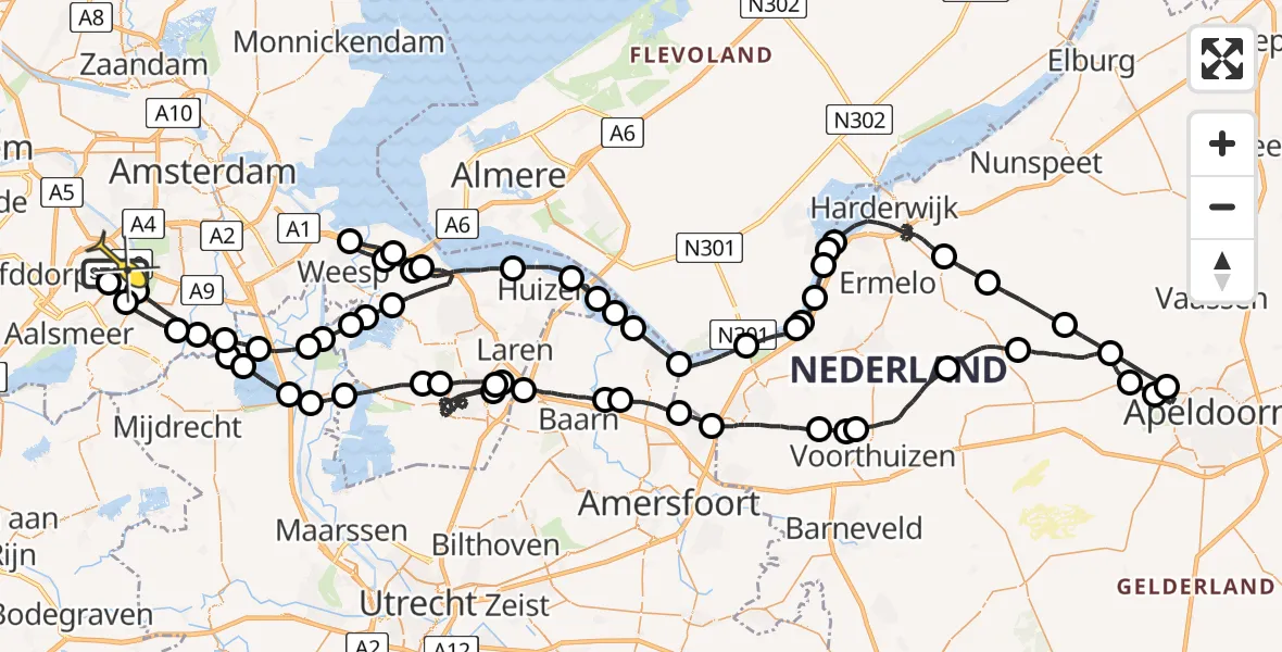 Routekaart van de vlucht: Politieheli naar Schiphol