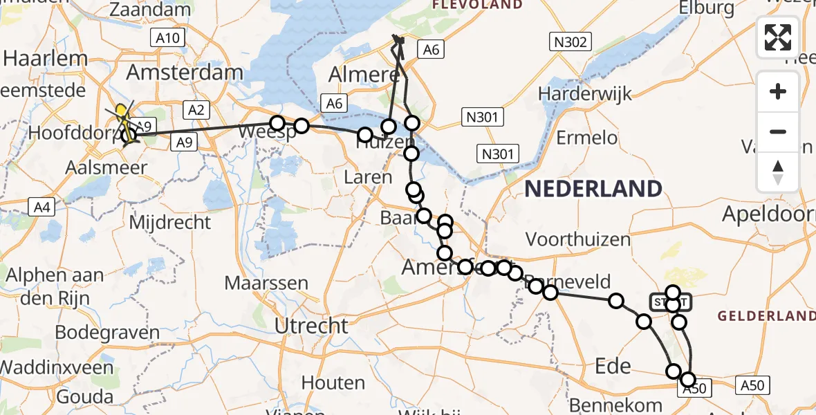 Routekaart van de vlucht: Politieheli naar Schiphol