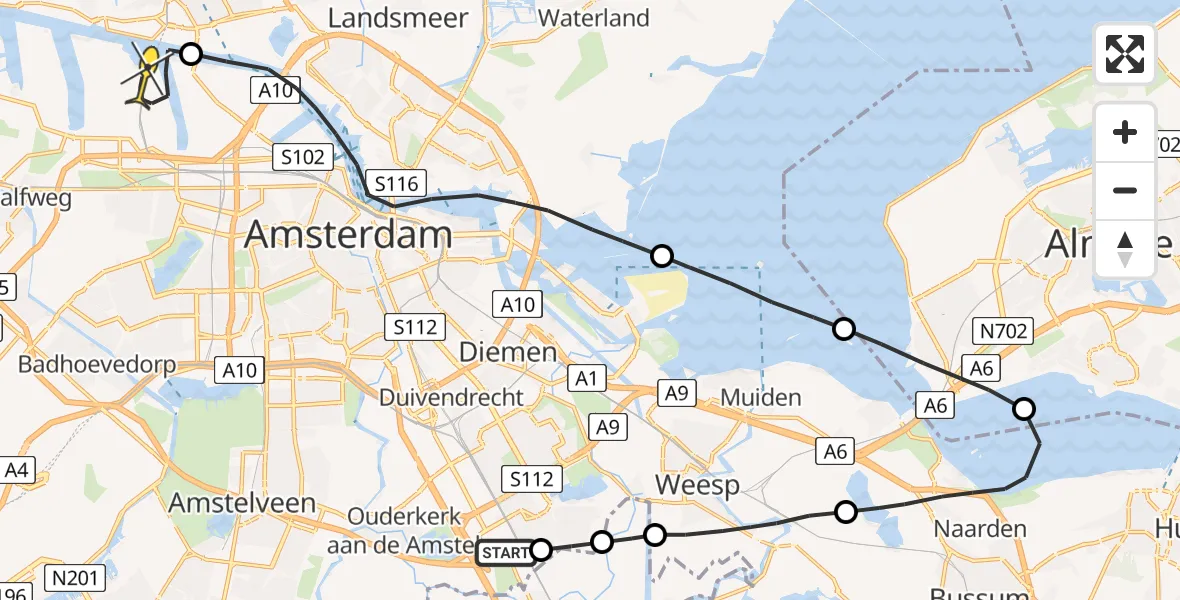 Routekaart van de vlucht: Lifeliner 1 naar Amsterdam Heliport