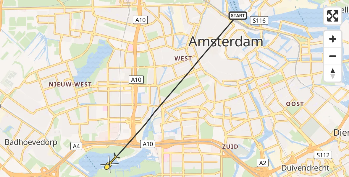 Routekaart van de vlucht: Politieheli naar Amsterdam