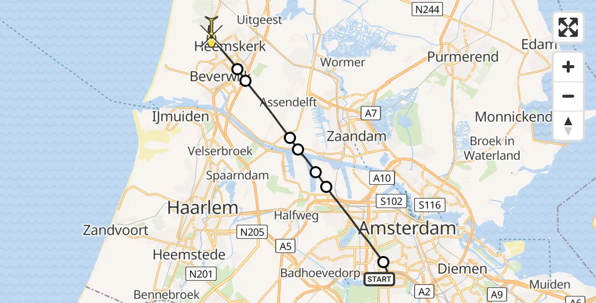 Routekaart van de vlucht: Lifeliner 1 naar Heemskerk