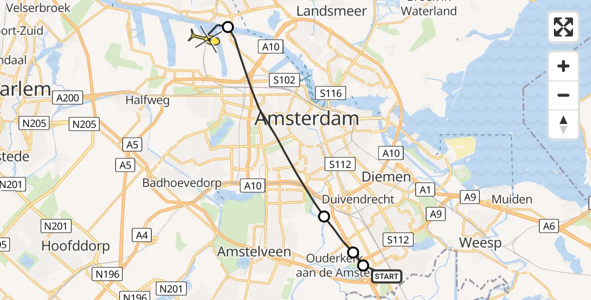 Routekaart van de vlucht: Lifeliner 1 naar Amsterdam Heliport