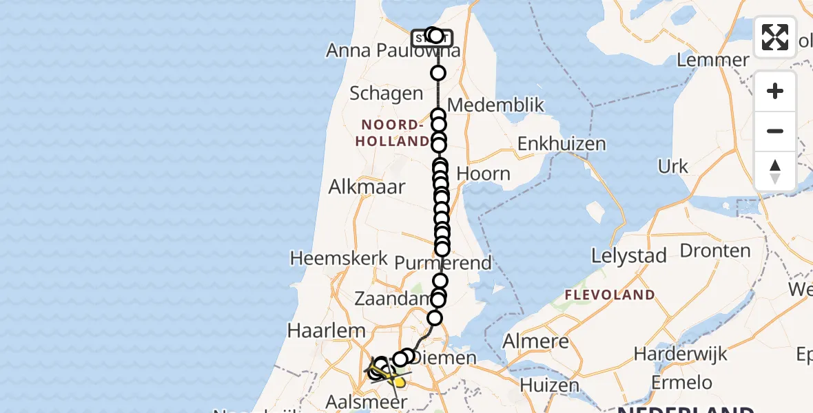 Routekaart van de vlucht: Politieheli naar Schiphol