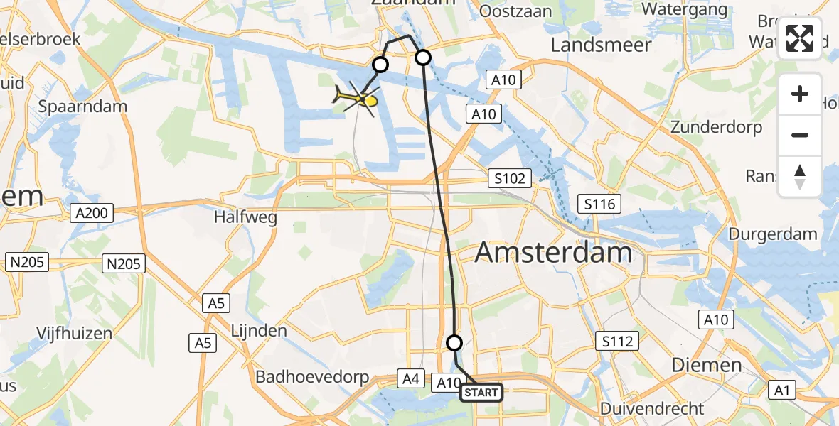 Routekaart van de vlucht: Lifeliner 1 naar Amsterdam Heliport