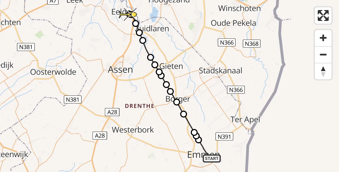 Routekaart van de vlucht: Lifeliner 4 naar Groningen Airport Eelde