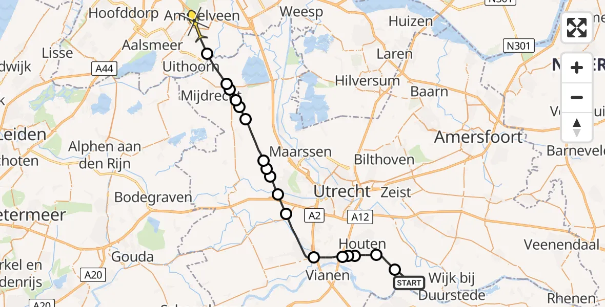 Routekaart van de vlucht: Politieheli naar Amstelveen