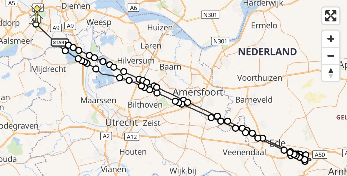 Routekaart van de vlucht: Politieheli naar Amstelveen