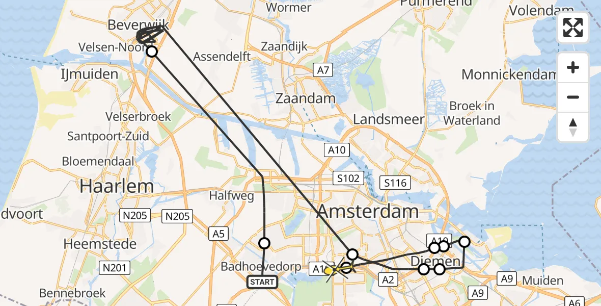 Routekaart van de vlucht: Politieheli naar VU Medisch Centrum Amsterdam