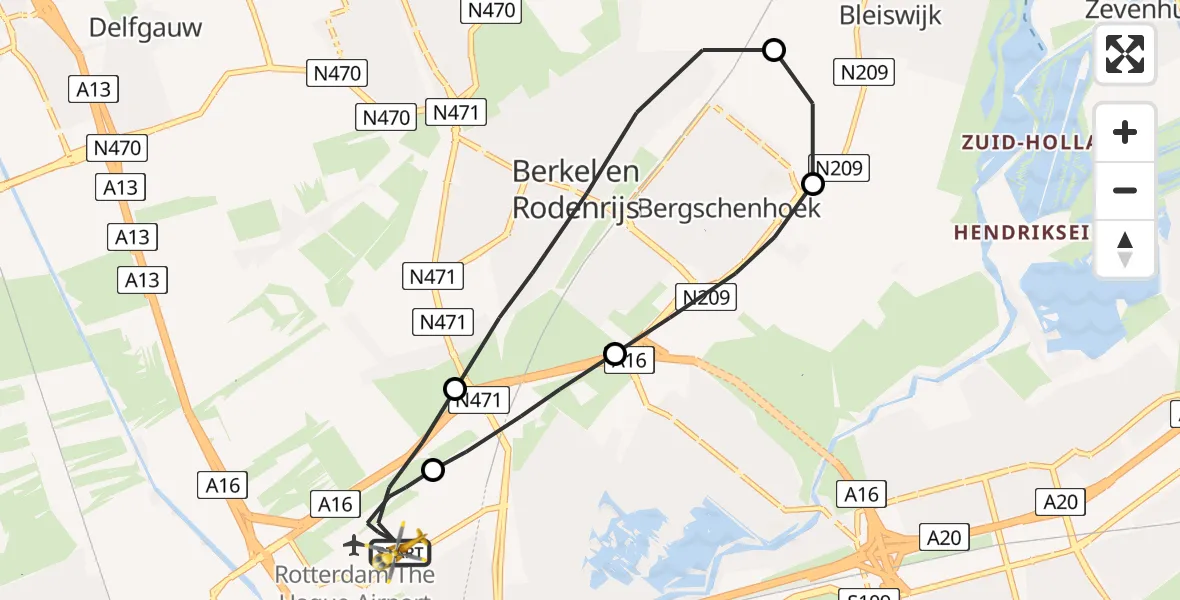 Vluchtroute Traumahelikopter Rotterdam The Hague Airport - Rotterdam The Hague Airport, 15 juli 2023, 23:02