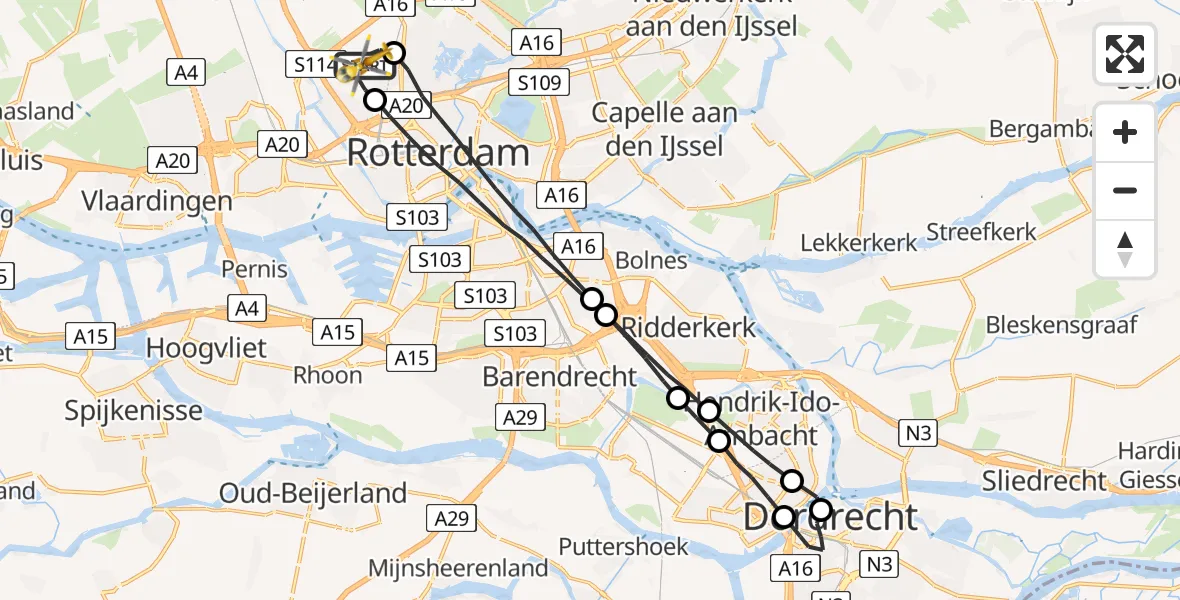 Vluchtroute Traumahelikopter Rotterdam The Hague Airport - Rotterdam The Hague Airport, 16 juli 2023, 03:51