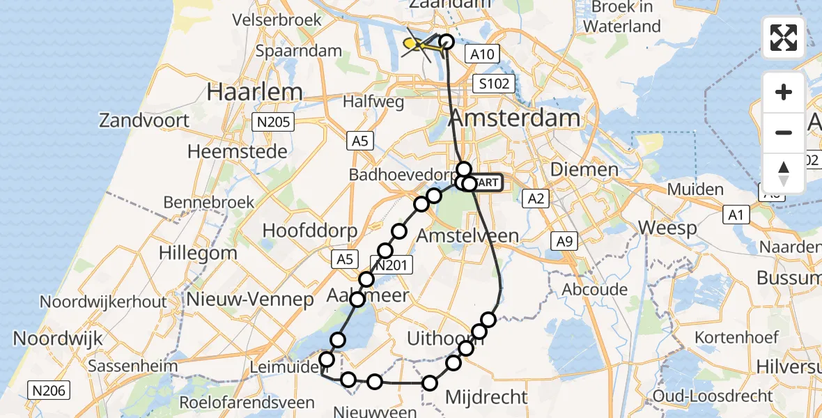 Routekaart van de vlucht: Lifeliner 1 naar Amsterdam Heliport