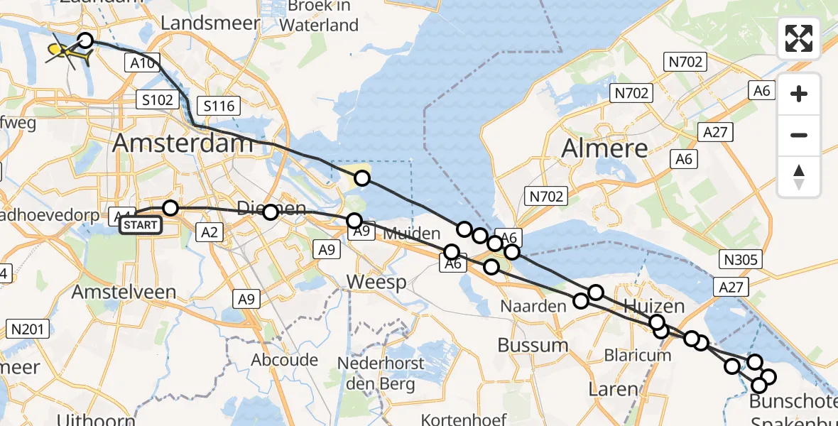 Routekaart van de vlucht: Lifeliner 1 naar Amsterdam Heliport