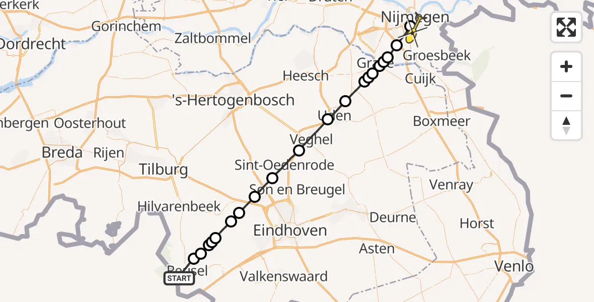 Routekaart van de vlucht: Lifeliner 3 naar Radboud Universitair Medisch Centrum