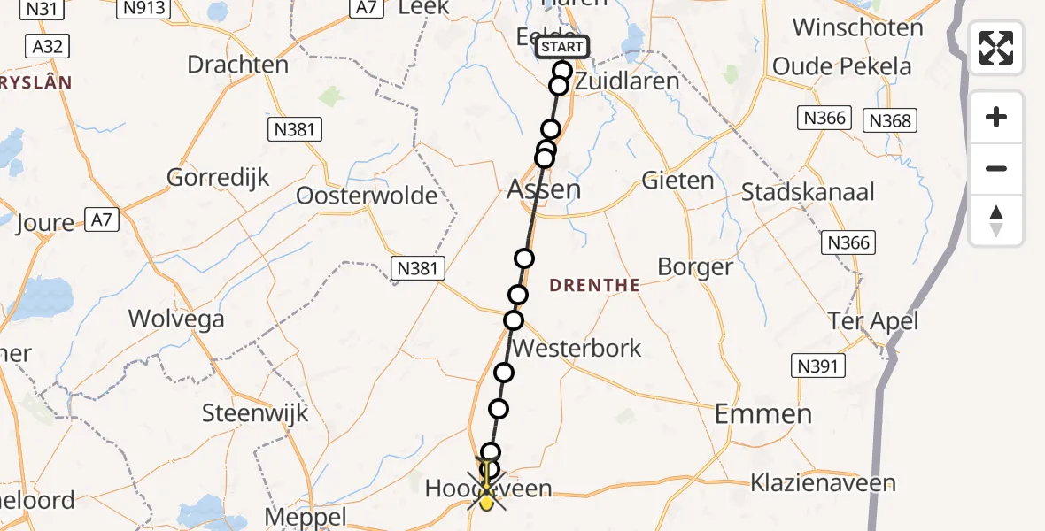 Routekaart van de vlucht: Lifeliner 4 naar Hoogeveen