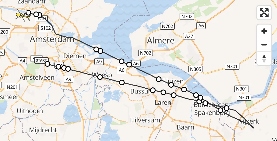 Routekaart van de vlucht: Lifeliner 1 naar Amsterdam Heliport